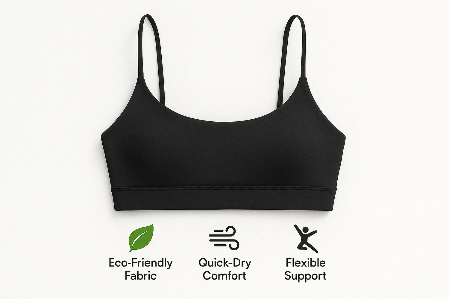 eco friendly sport bra make it black and the strap make it small

Also include 3 icon emoji point below

Eco-Friendly Fabric
Quick-Dry Comfort
Flexible Support